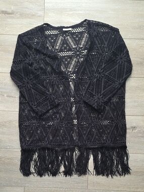 Noisy May Black Crochet Fringe Open-Front Cardigan